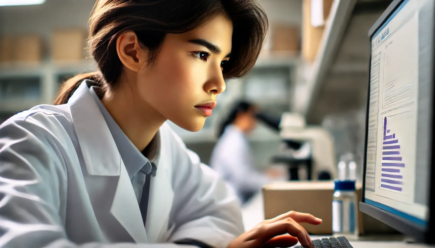 Focused scientist in a white lab coat analyzing bar chart data on a computer screen in a laboratory.